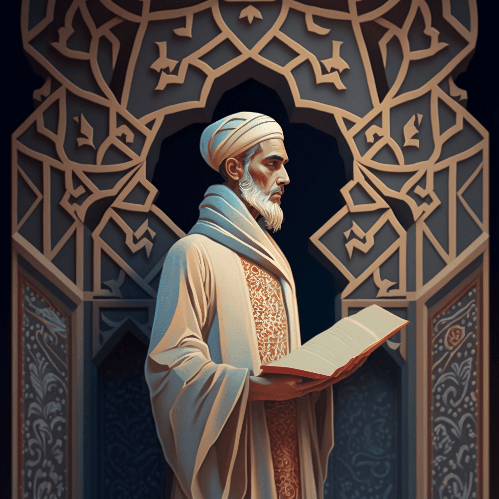 Illustration of a scholar reading within a traditional geometric arch