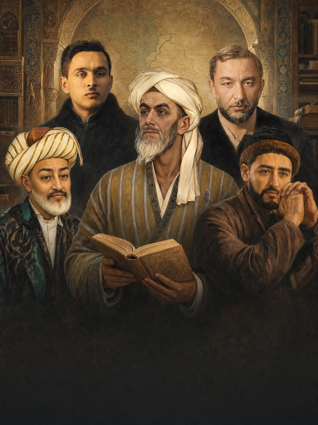 Editorial illustration representing Yusuf Khass Hajib, Memtili Tewpiq, Mexsut Muhti, Ali-Shir Navai and Mulla Musa Sayrami