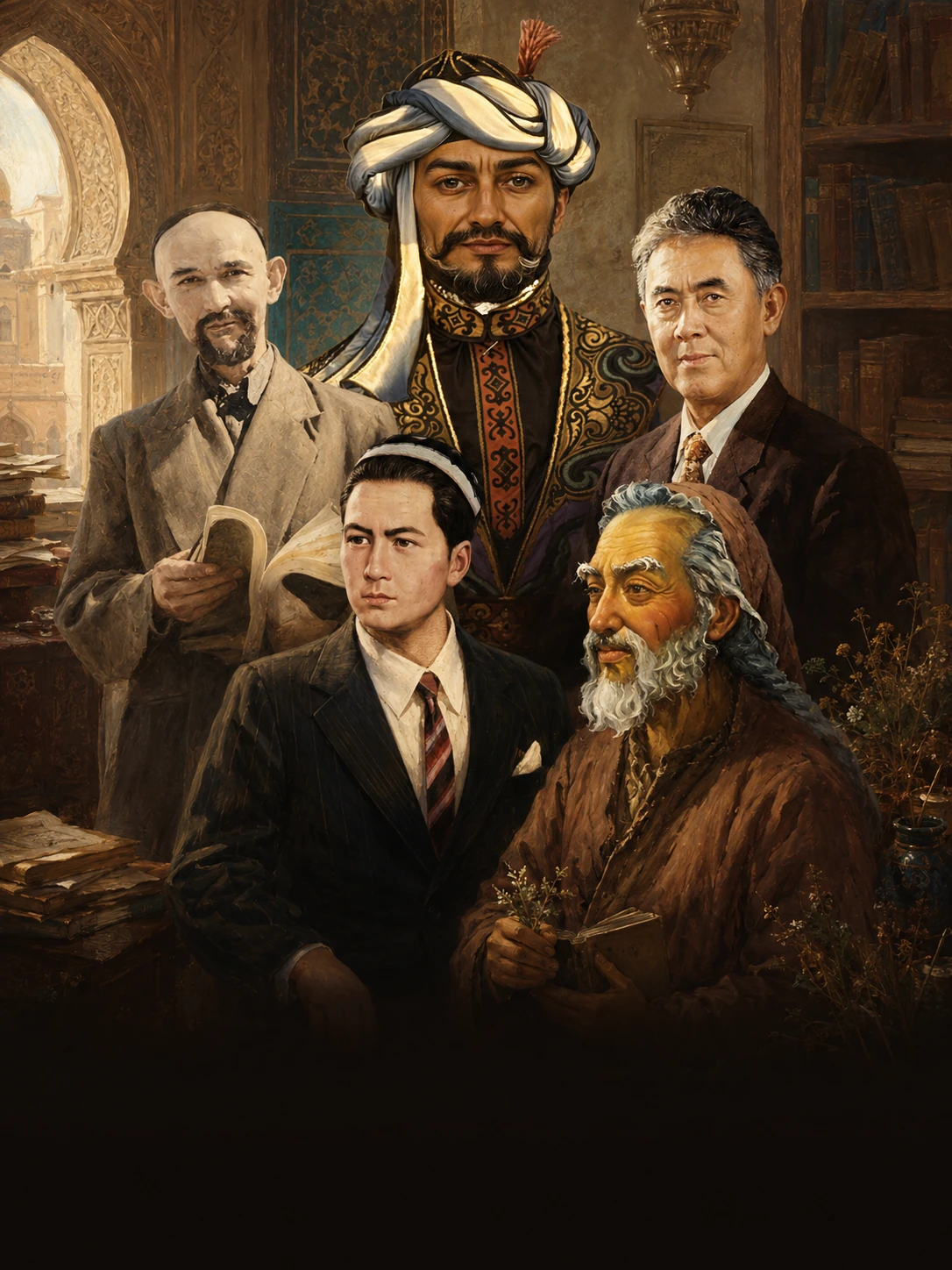 Editorial illustration representing Nimshehit, Sultan Satuq Bughra Khan, Teyipjan Eliyow, Lutpulla Mutellip and Ghazibay