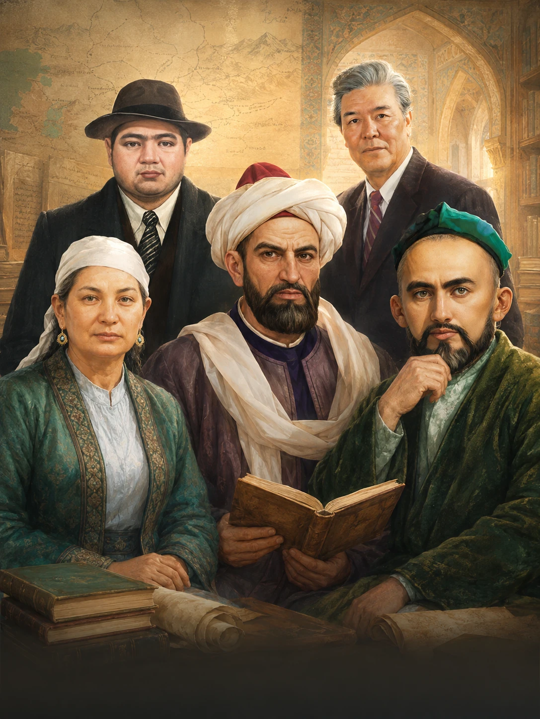Editorial illustration honoring generations of Uyghur scholars, poets and educators gathered with manuscripts and books